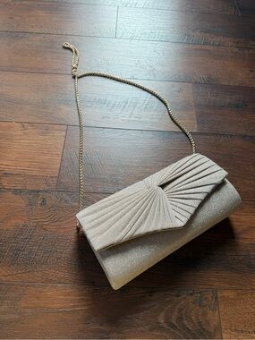 Shimmering Taupe Evening Clutch with Gold Chain Strap